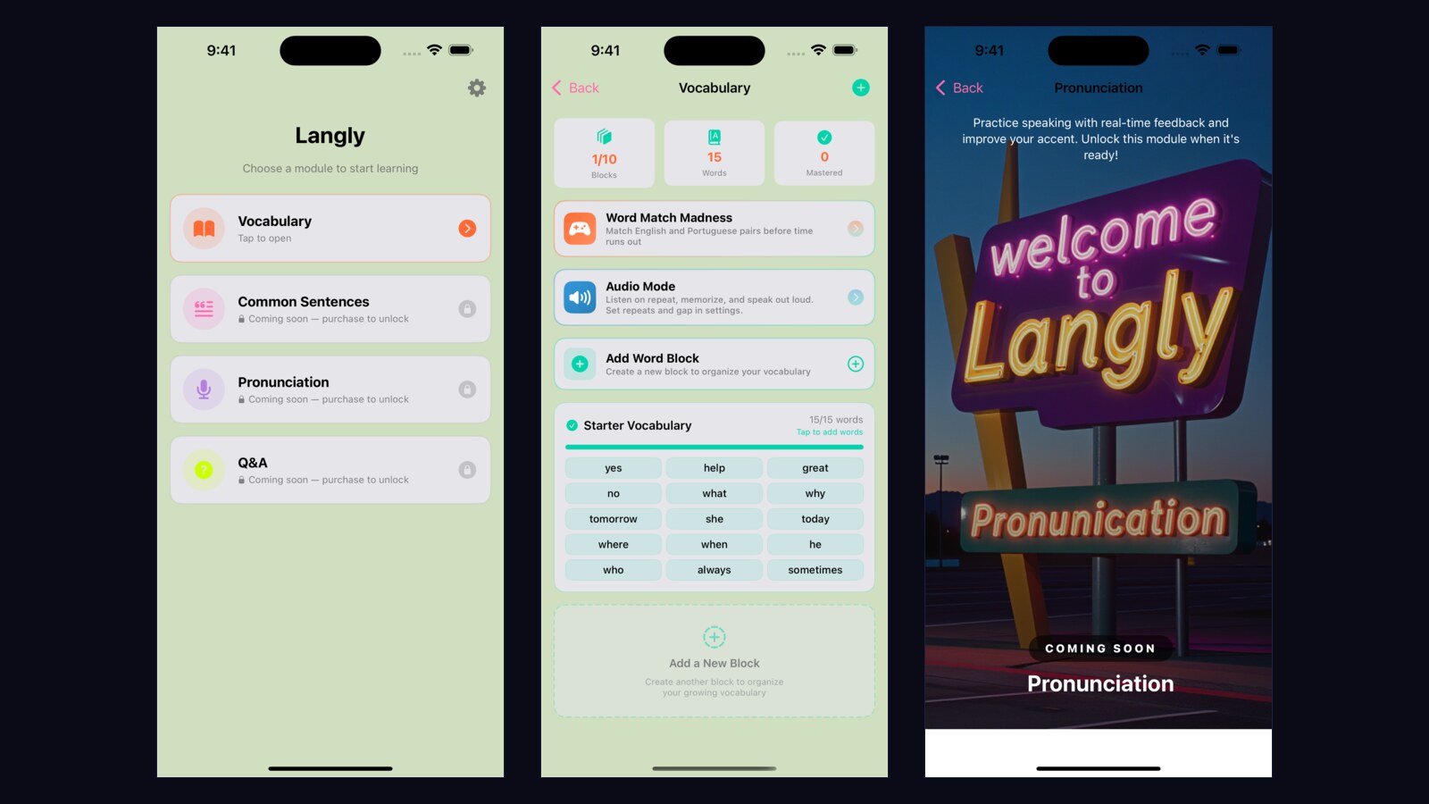 Three Langly app screenshots — main menu, vocabulary and pronunciation modules
